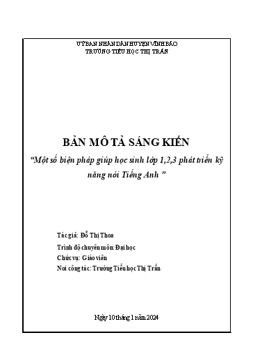 Sáng kiến kinh nghiệm Một số biện pháp giúp học sinh Lớp 1,2,3 phát triển kỹ năng nói Tiếng Anh ở Trường Tiểu học Thị Trấn