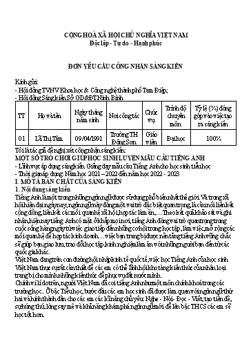 Sáng kiến kinh nghiệm Một số trò chơi giúp học sinh luyện mẫu câu Tiếng Anh có hiệu quả tại Trường Tiểu học Đông Sơn