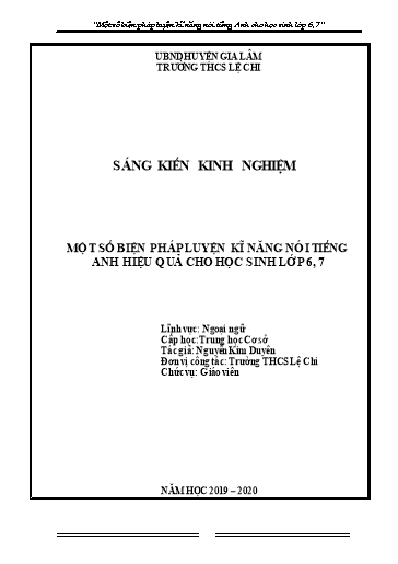 SKKN Một số biện pháp luyện kĩ năng nói Tiếng Anh hiệu quả cho học sinh Lớp 6, 7 ở Trường THCS Lệ Chi