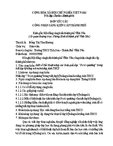 SKKN Một số thủ thuật nâng cao hiệu quả dạy “Post-Speaking” trong tiết dạy kỹ năng nói môn Tiếng Anh ở Trường THCS Tích Sơn