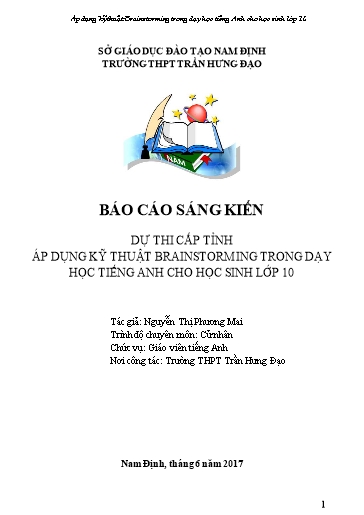 SKKN Áp dụng kỹ thuật Brainstorming trong dạy học Tiếng Anh cho học sinh Lớp 10 tại Trường THPT Trần Hưng Đạo SKKN Áp dụng kỹ thuật Brainstorming trong dạy học Tiếng Anh cho học sinh Lớp 10 tại Trường THPT Trần Hưng Đạo