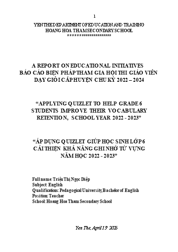 SKKN Áp dụng Quizlet giúp học sinh Lớp 6 cải thiện khả năng ghi nhớ từ vựng năm học 2022-2023
