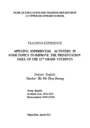 SKKN Applying experiential activities in some topics to improve the presentation skill of the 12th grade students at 1-5 Upper Secondary School