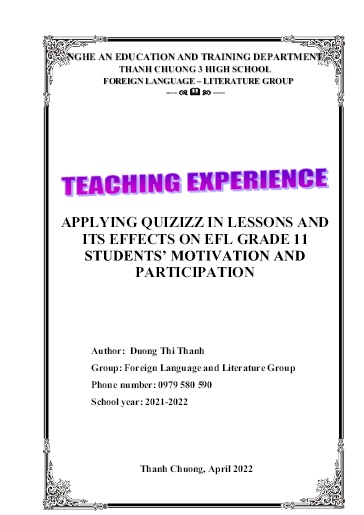 SKKN Applying Quizizz in Lessons and its Effects on EFL Grade 11 Students’ Motivation and Participation at Thanh Chuong 3 High School SKKN Applying Quizizz in Lessons and its Effects on EFL Grade 11 Students’ Motivation and Participation at Thanh Chuong 3 High School