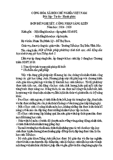 SKKN Một số biện pháp phát huy tính tích cực, chủ động của học sinh trong giờ học Tiếng Anh 5 tại Trường Tiểu học Thị Trấn Vĩnh Bảo