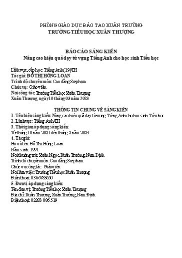 SKKN Nâng cao hiệu quả dạy từ vựng Tiếng Anh cho học sinh tại Trường Tiểu học Xuân Thượng SKKN Nâng cao hiệu quả dạy từ vựng Tiếng Anh cho học sinh tại Trường Tiểu học Xuân Thượng