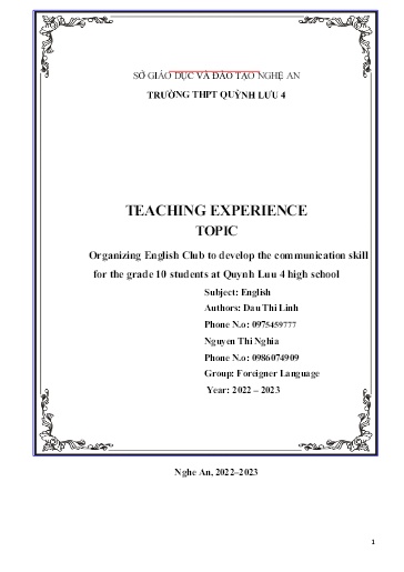 SKKN Organizing English Club to develop the communication skill for the grade 10 students at Quynh Luu 4 High School