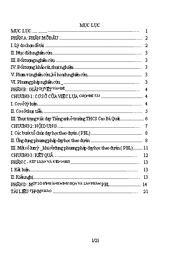 SKKN Phát triển kỹ năng nói Tiếng anh cho học sinh THCS thông qua phương pháp dạy học theo dự án - PBL