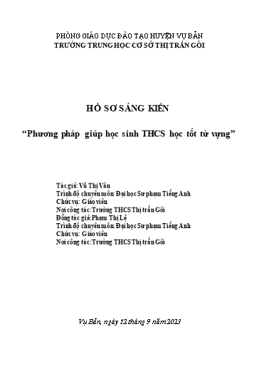 SKKN Phương pháp giúp học sinh THCS học tốt từ vựng tại Trường THCS Thị Trấn Gôi SKKN Phương pháp giúp học sinh THCS học tốt từ vựng tại Trường THCS Thị Trấn Gôi
