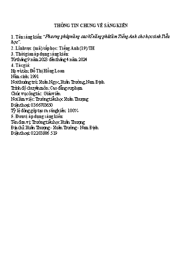 SKKN Phương pháp nâng cao kĩ năng phát âm Tiếng Anh cho học sinh tại Trường Tiểu học Xuân Thượng SKKN Phương pháp nâng cao kĩ năng phát âm Tiếng Anh cho học sinh tại Trường Tiểu học Xuân Thượng