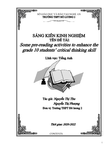SKKN Some pre-reading activities to enhance the grade 10 students’ critical thinking skill at Do Luong 2 High School