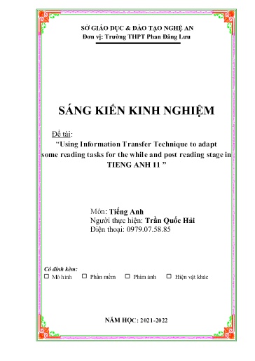 SKKN Using information transfer technique to adapt some reading tasks for the while and post reading stage in Tieng Anh 11 SKKN Using information transfer technique to adapt some reading tasks for the while and post reading stage in Tieng Anh 11