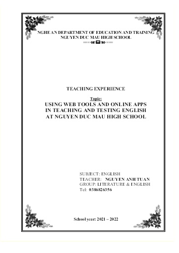 SKKN Using web tools and online apps in teaching and testing English at Nguyen Duc Mau High School SKKN Using web tools and online apps in teaching and testing English at Nguyen Duc Mau High School